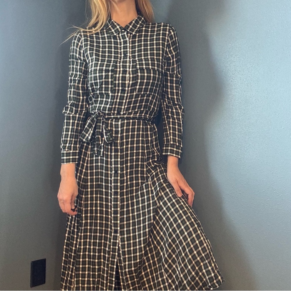 Zara Dark Green Checkered Long Sleeve Shirt Dress size Large - Picture 5 of 13